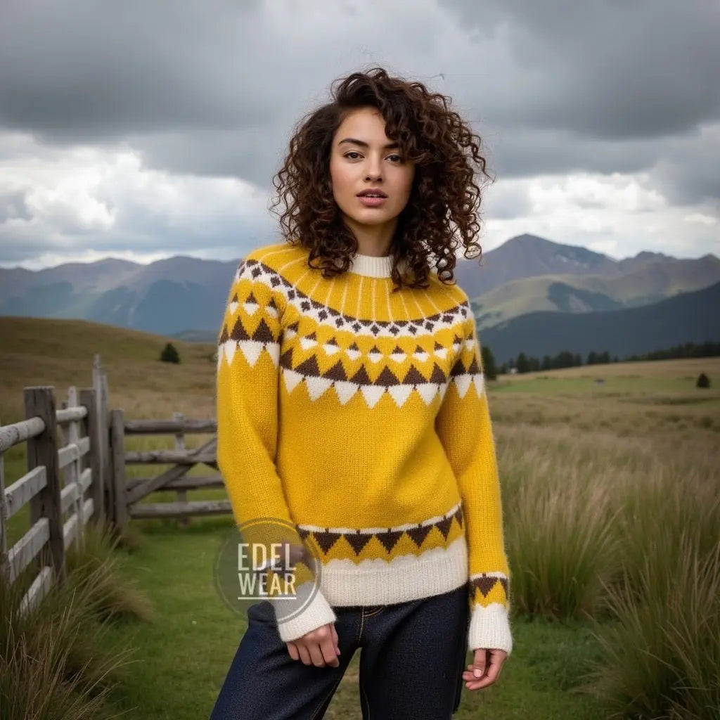 Scandinavian Sweater Unisex Lopapeysa Fair Isle Hand Knitted in Alpaca & Merino | Denim, Capuccino, Yellow - EdelWear
