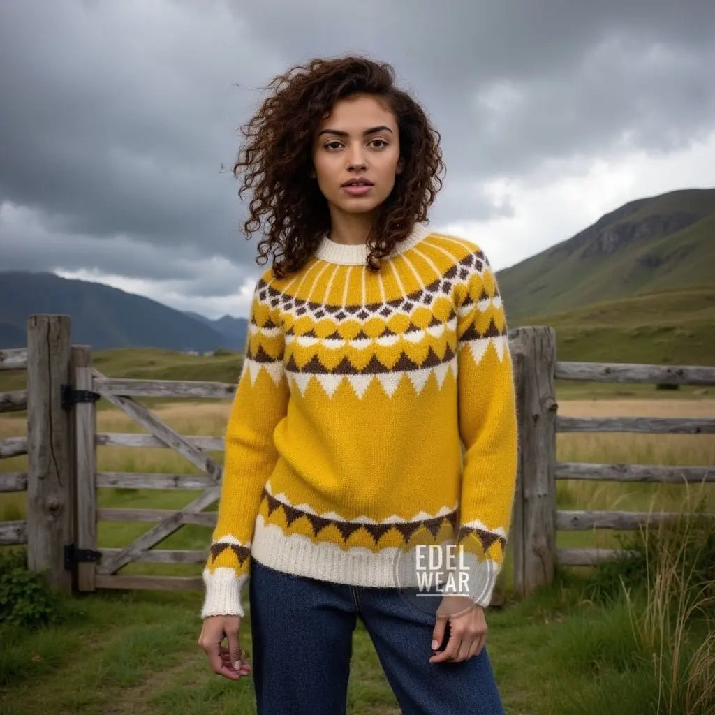 Scandinavian Sweater Unisex Lopapeysa Fair Isle Hand Knitted in Alpaca & Merino | Denim, Capuccino, Yellow - EdelWear