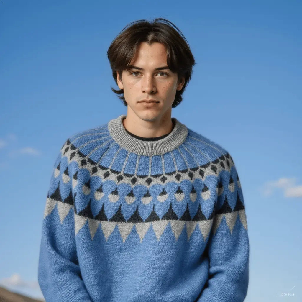 Scandinavian Sweater Unisex Lopapeysa Fair Isle Hand Knitted in Alpaca & Merino | Denim, Capuccino, Yellow - EdelWear