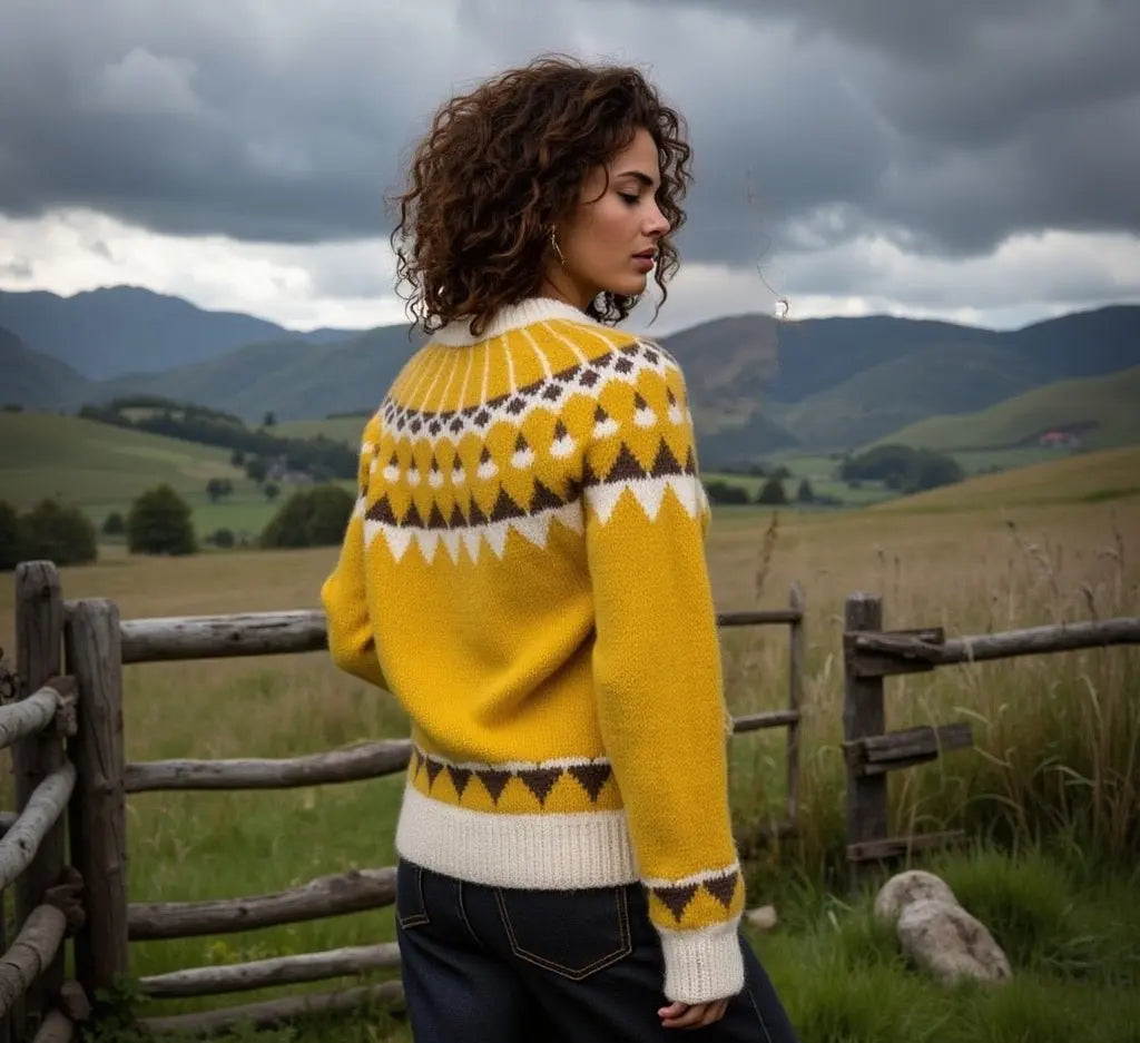 Scandinavian Sweater Unisex Lopapeysa Fair Isle Hand Knitted in Alpaca & Merino | Denim, Capuccino, Yellow - EdelWear