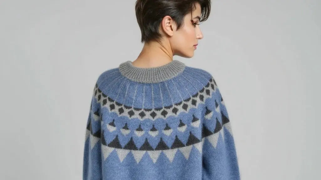 Scandinavian Sweater Unisex Lopapeysa Fair Isle Hand Knitted in Alpaca & Merino | Denim, Capuccino, Yellow - EdelWear
