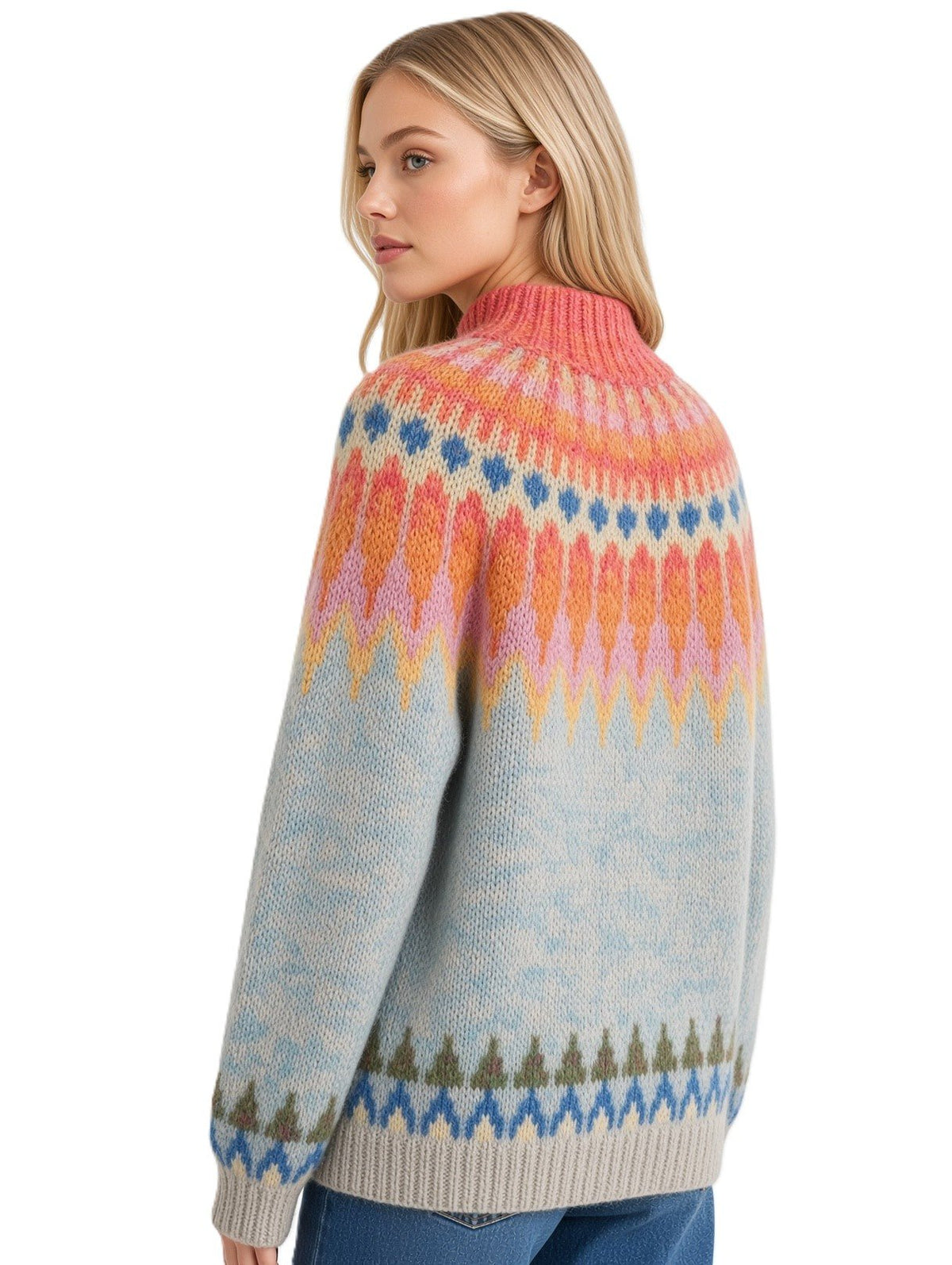 Soft Blue Womens Icelandic Sweater Lopapeysa Fair Isle Hand Knitted Alpaca with Orange / Coral Patterned Yoke - EdelWear