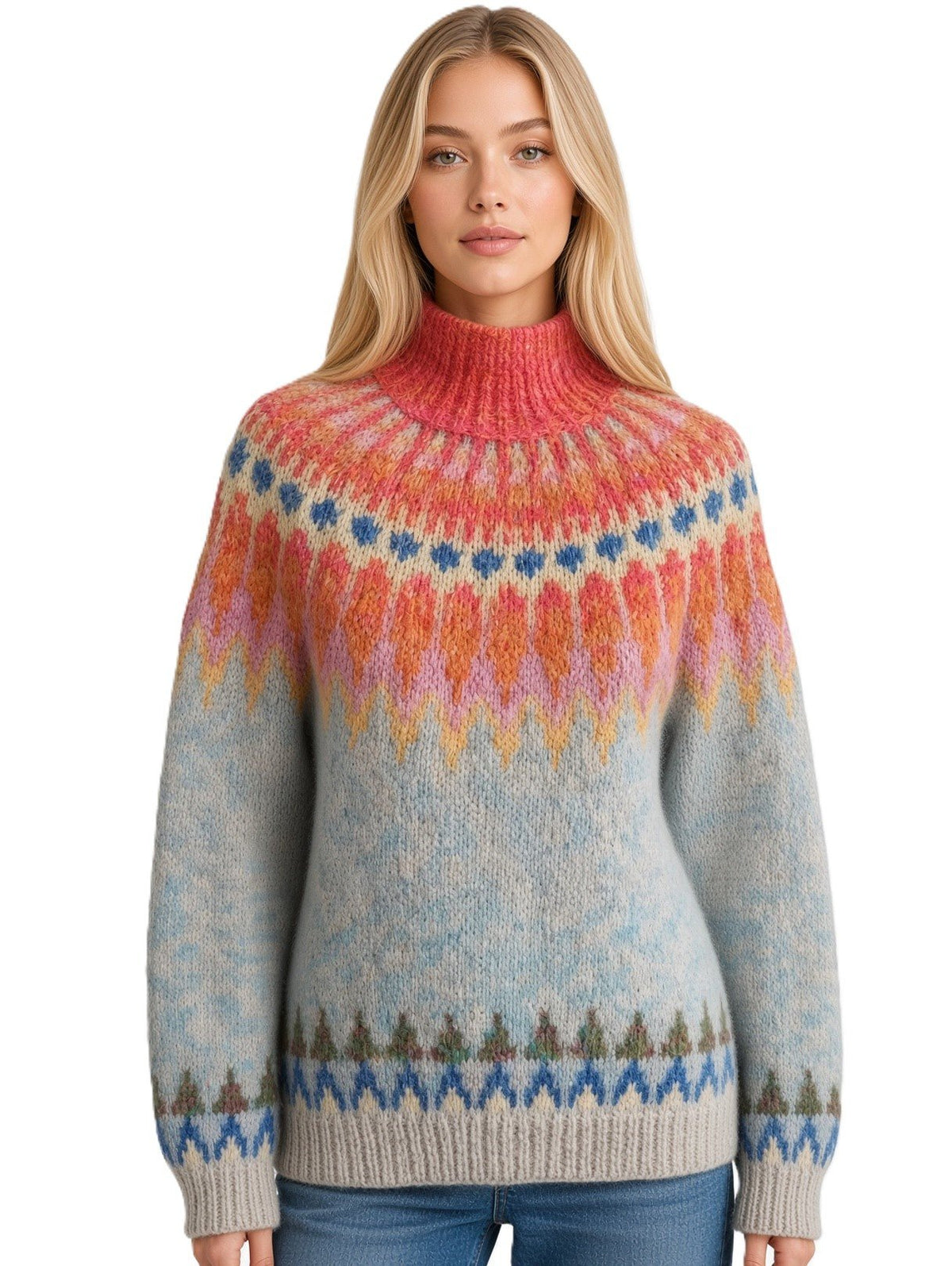 Soft Blue Womens Icelandic Sweater Lopapeysa Fair Isle Hand Knitted Alpaca with Orange / Coral Patterned Yoke - EdelWear