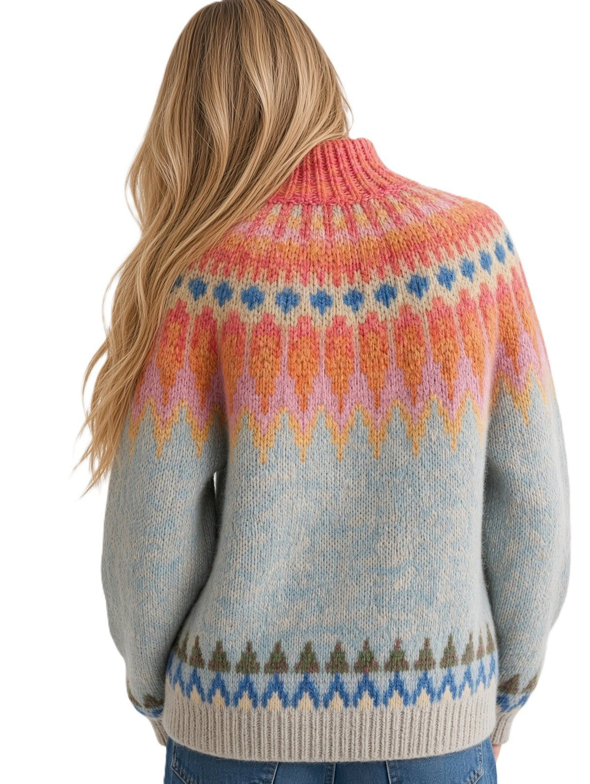 Soft Blue Womens Icelandic Sweater Lopapeysa Fair Isle Hand Knitted Alpaca with Orange / Coral Patterned Yoke - EdelWear