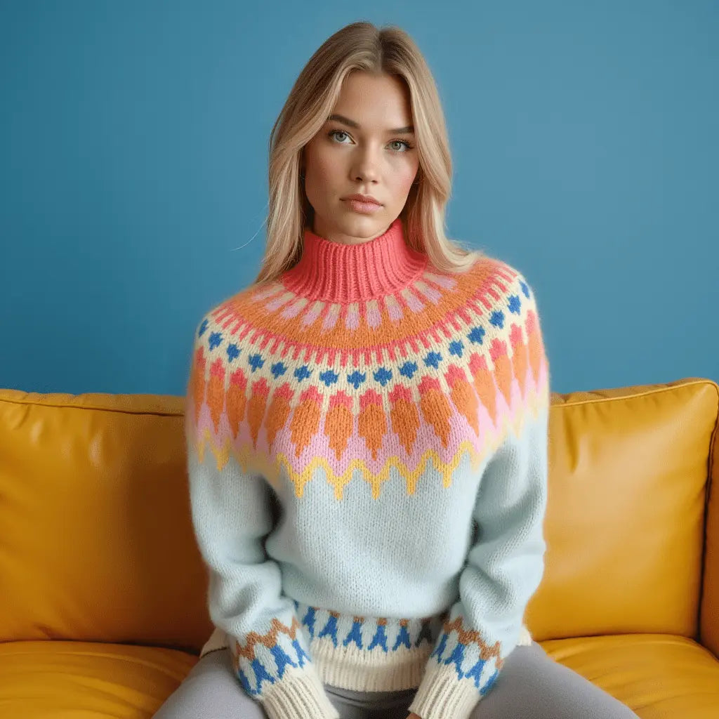 Soft Blue Women's Icelandic Sweater Lopapeysa Fair Isle Hand Knitted Alpaca with Orange / Coral Patterned Yoke - EdelWear