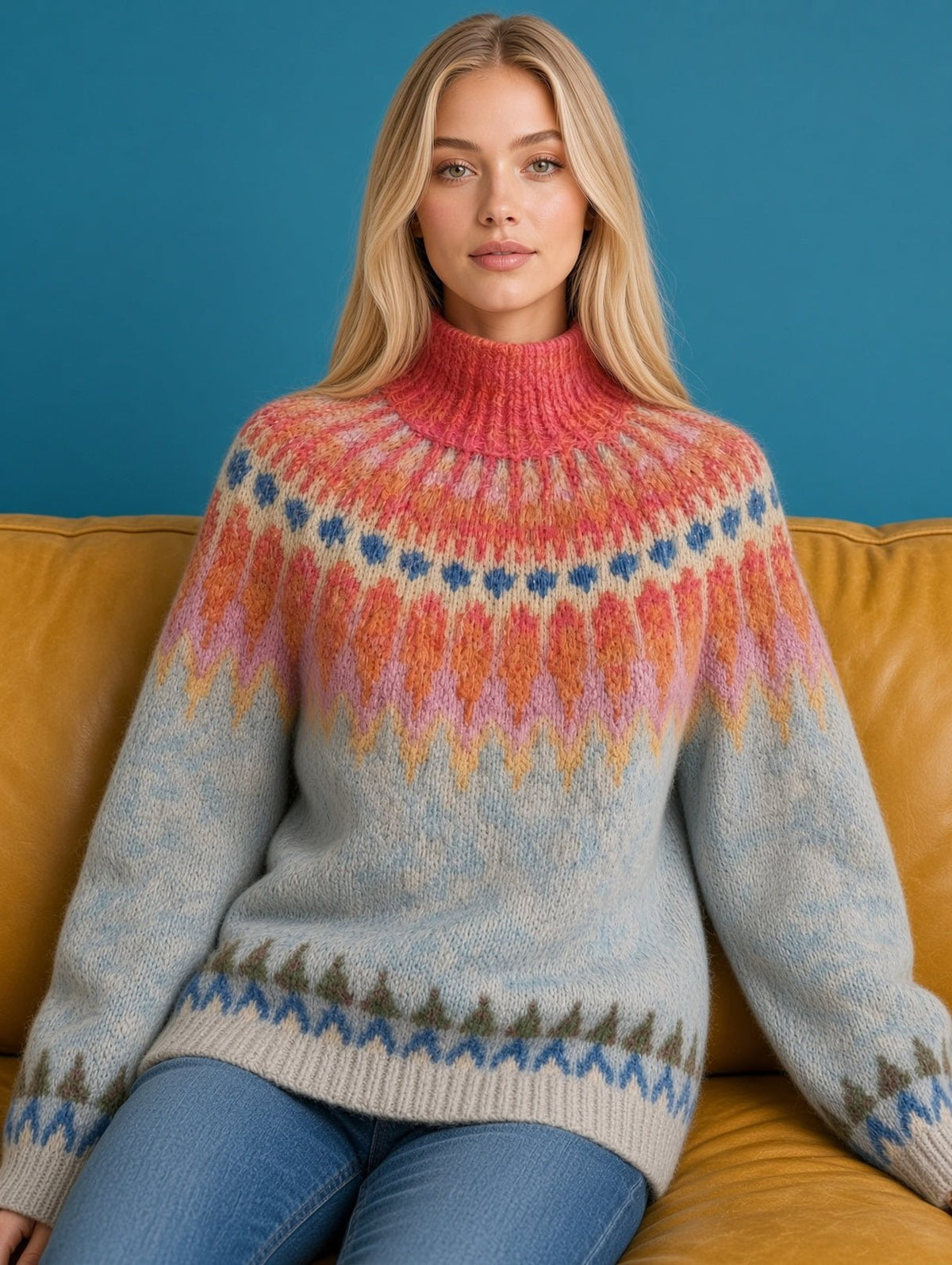 Soft Blue Womens Icelandic Sweater Lopapeysa Fair Isle Hand Knitted Alpaca with Orange / Coral Patterned Yoke - EdelWear