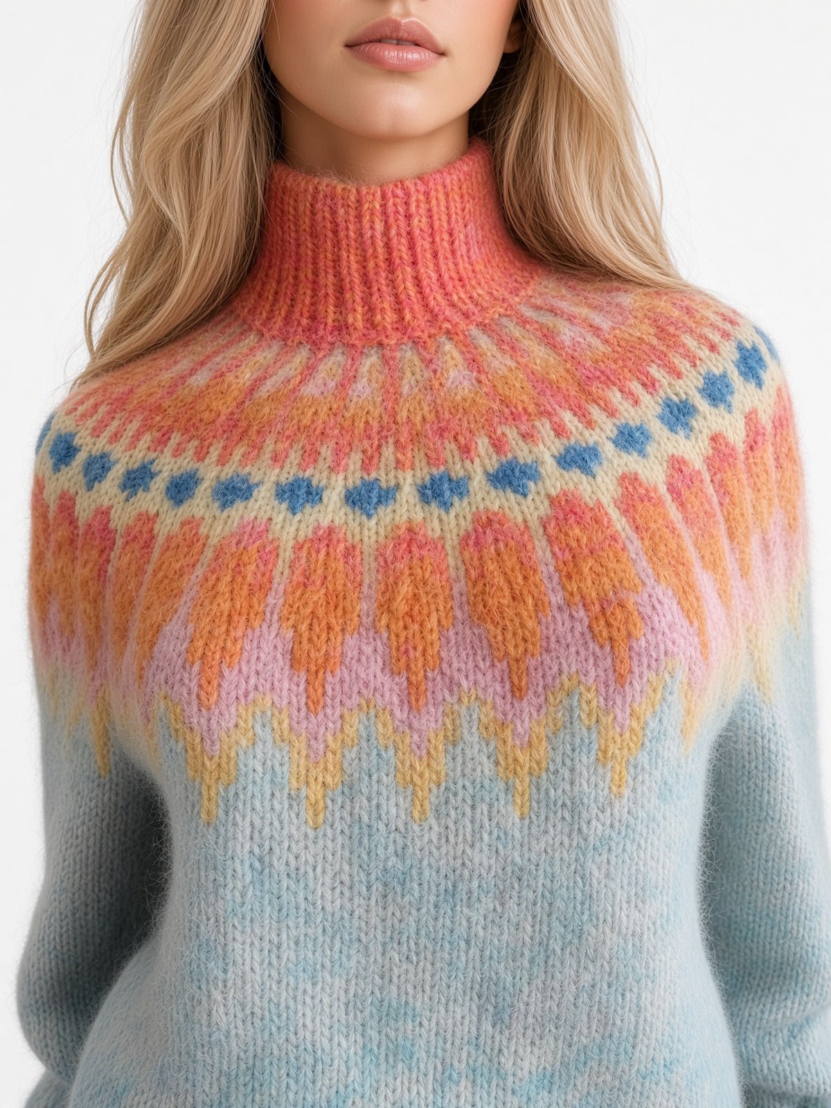 Soft Blue Womens Icelandic Sweater Lopapeysa Fair Isle Hand Knitted Alpaca with Orange / Coral Patterned Yoke - EdelWear