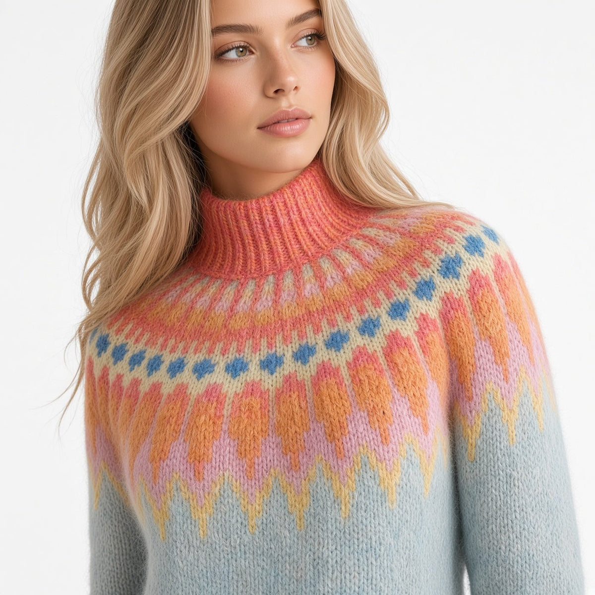 Soft Blue Womens Icelandic Sweater Lopapeysa Fair Isle Hand Knitted Alpaca with Orange / Coral Patterned Yoke - EdelWear
