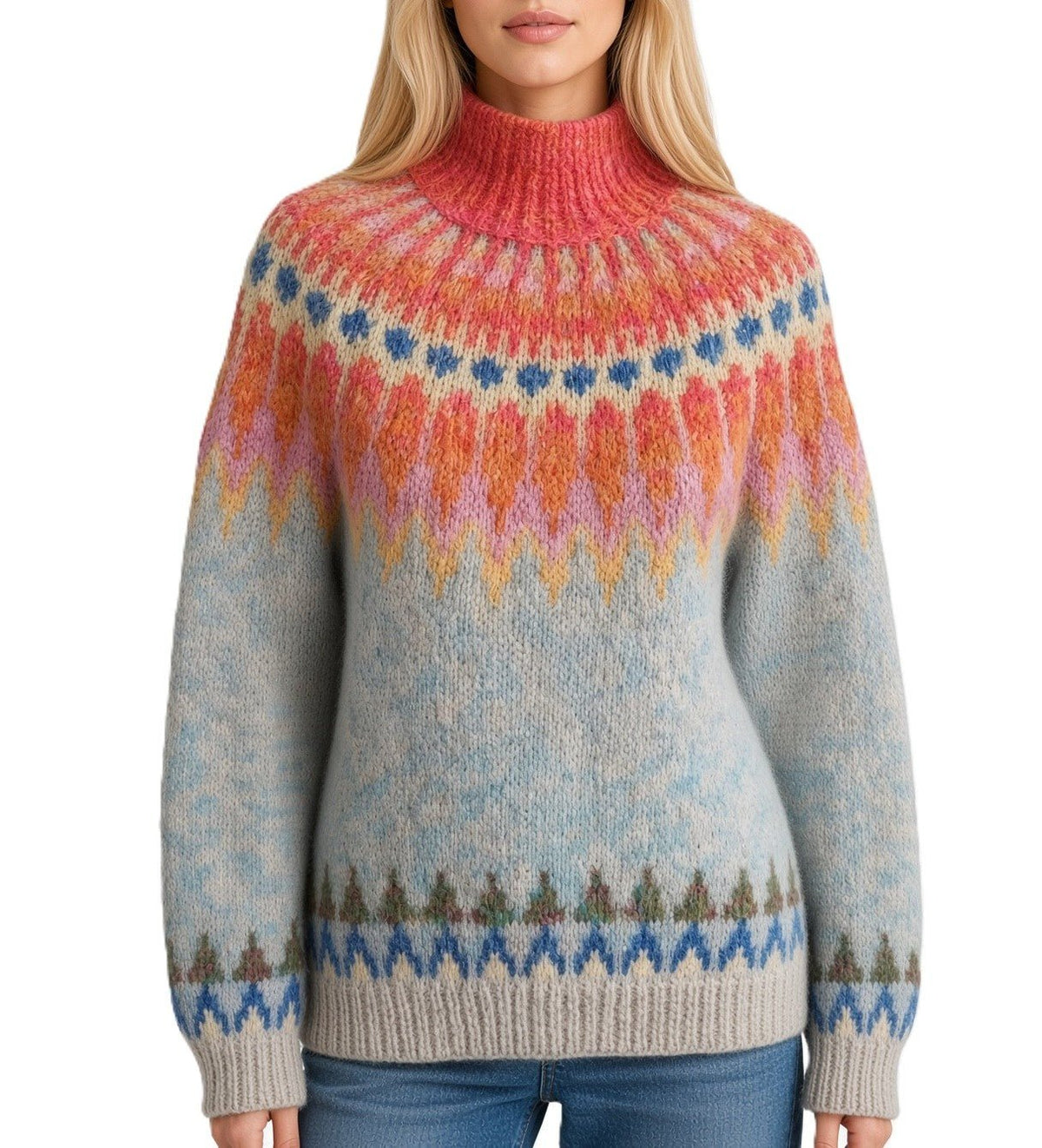Soft Blue Womens Icelandic Sweater Lopapeysa Fair Isle Hand Knitted Alpaca with Orange / Coral Patterned Yoke - EdelWear