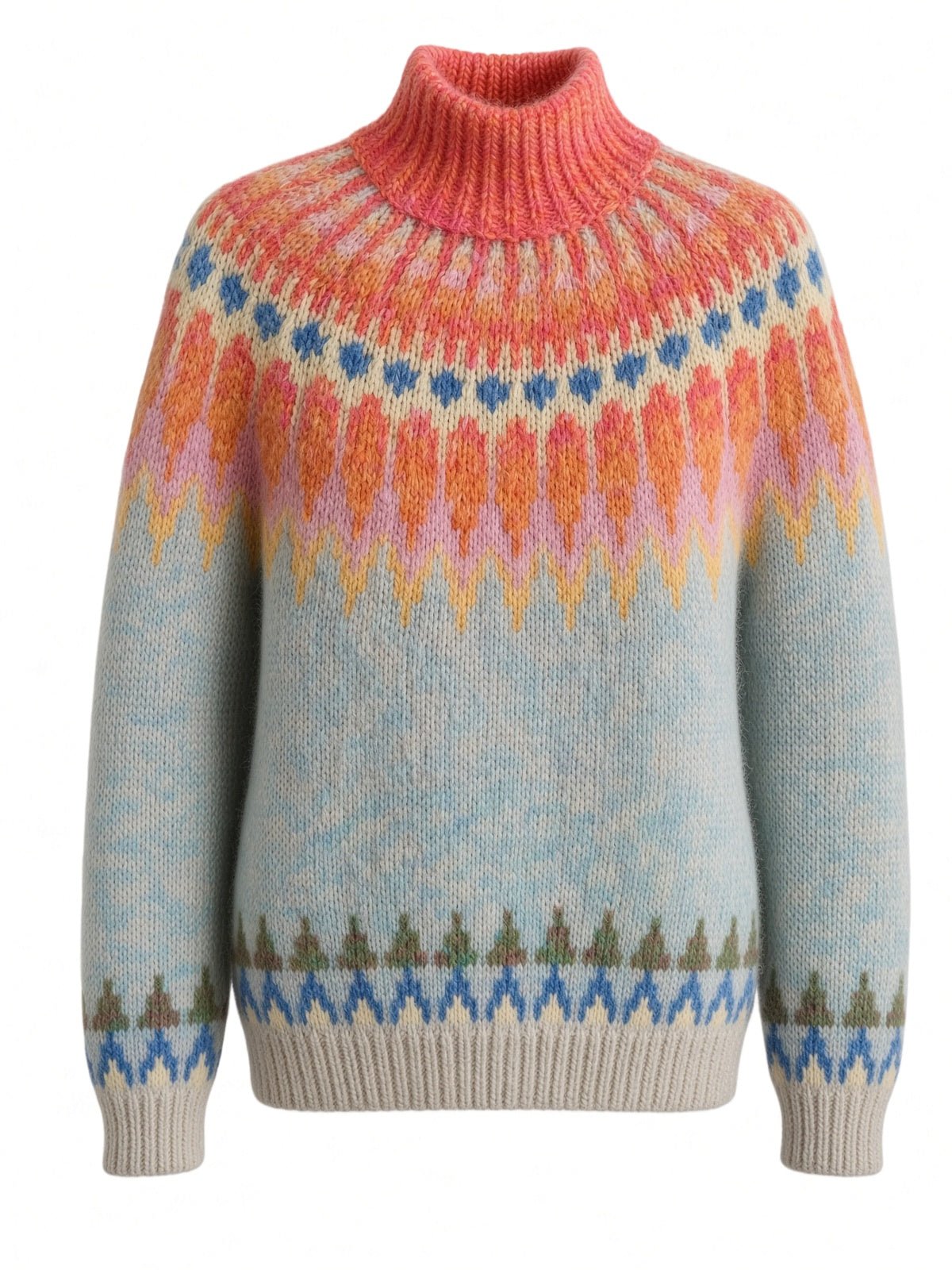 Soft Blue Womens Icelandic Sweater Lopapeysa Fair Isle Hand Knitted Alpaca with Orange / Coral Patterned Yoke - EdelWear