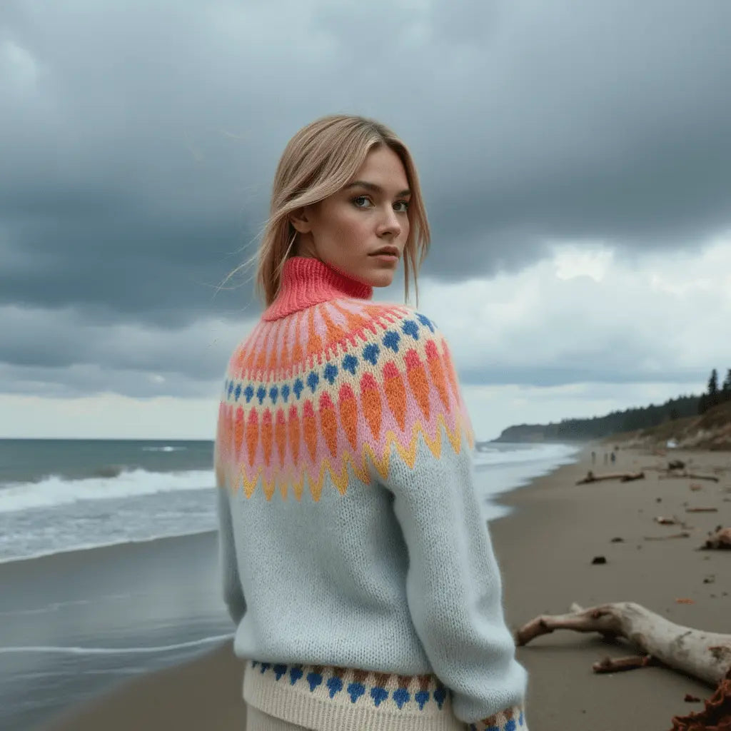 Soft Blue Women's Icelandic Sweater Lopapeysa Fair Isle Hand Knitted Alpaca with Orange / Coral Patterned Yoke - EdelWear