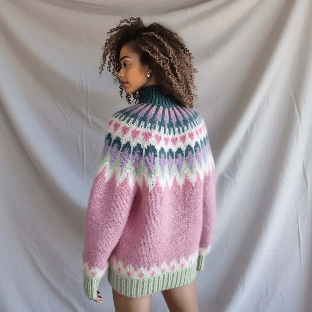 Soft Blue Women's Icelandic Sweater Lopapeysa Fair Isle Hand Knitted Alpaca with Orange / Coral Patterned Yoke - EdelWear