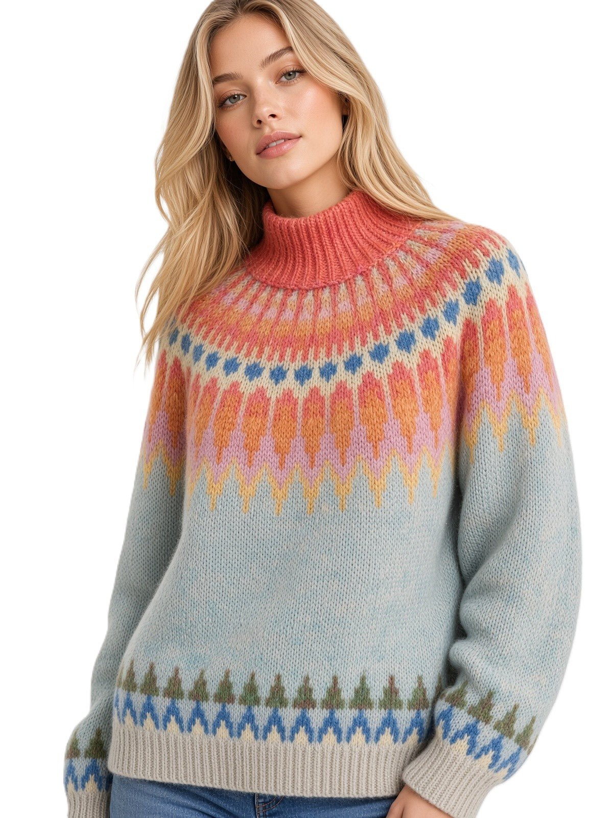 Soft Blue Womens Icelandic Sweater Lopapeysa Fair Isle Hand Knitted Alpaca with Orange / Coral Patterned Yoke - EdelWear