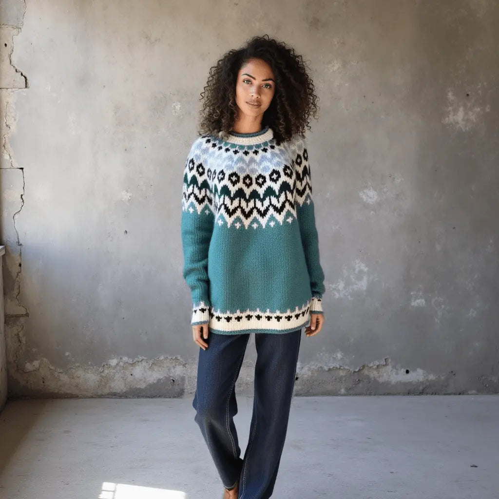Teal Green Oversized Adults Unisex Scandinavian Lopapeysa Sweater Fair Isle Hand Knitted of Baby Alpaca / Merino - EdelWear
