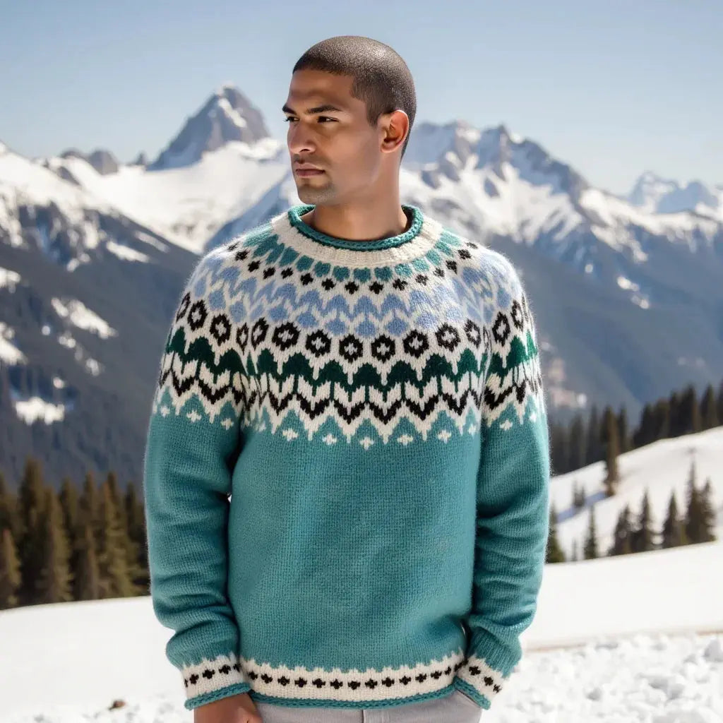 Teal Green Oversized Adults Unisex Scandinavian Lopapeysa Sweater Fair Isle Hand Knitted of Baby Alpaca / Merino - EdelWear