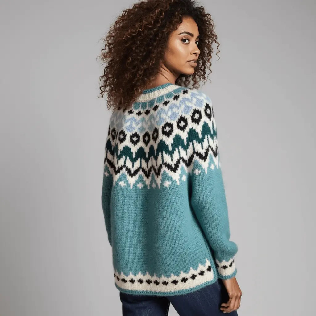 Teal Green Oversized Adults Unisex Scandinavian Lopapeysa Sweater Fair Isle Hand Knitted of Baby Alpaca / Merino - EdelWear