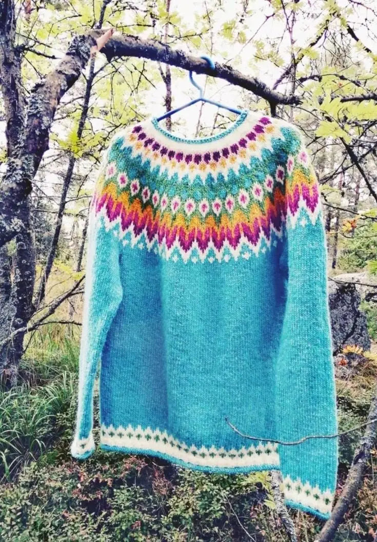 Turquoise Blue Fluffy Women's Scandinavian Lopapeysa Sweater Fair Isle with Colorful Patterned Yoke Hand Knitted of Baby Alpaca / Merino - EdelWear
