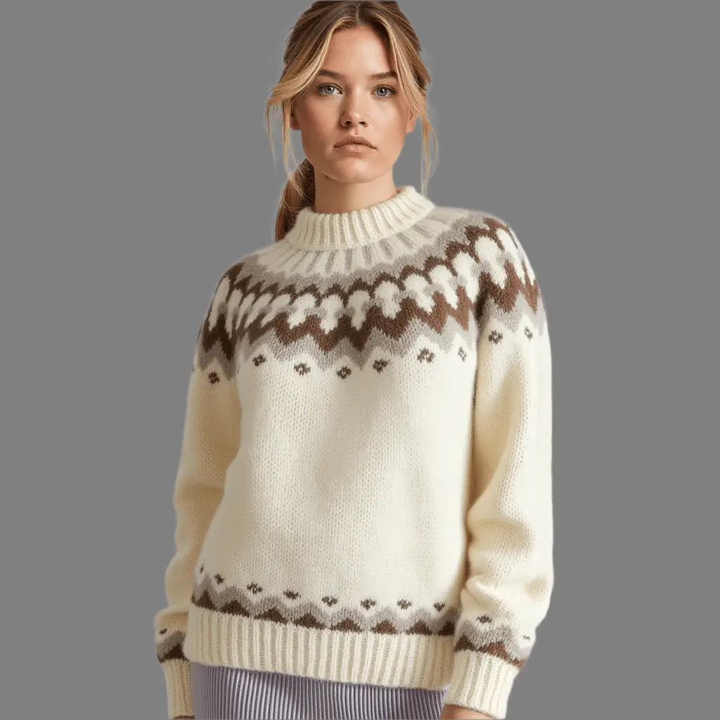 White Chunky Oversized Unisex Scandinavian Lopapeysa Sweater Fair Isle Hand Knitted with a Brown Nordic Patterned Yoke - EdelWear