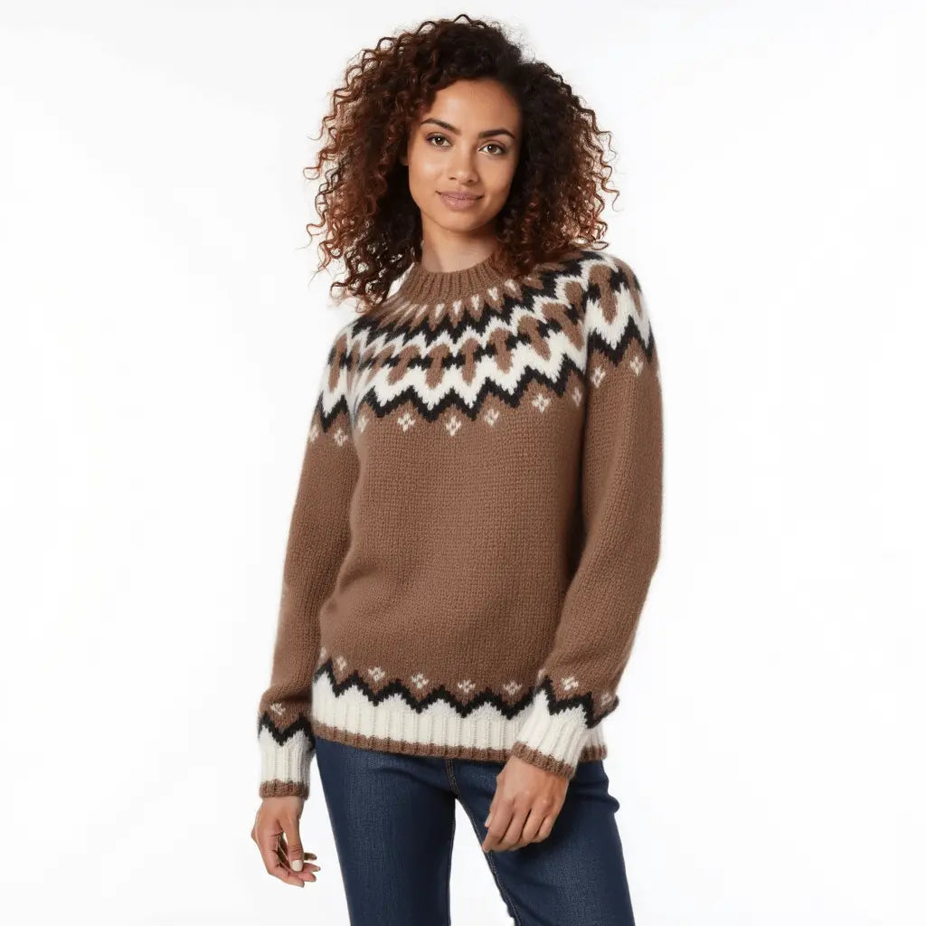 White Chunky Oversized Unisex Scandinavian Lopapeysa Sweater Fair Isle Hand Knitted with a Brown Nordic Patterned Yoke - EdelWear