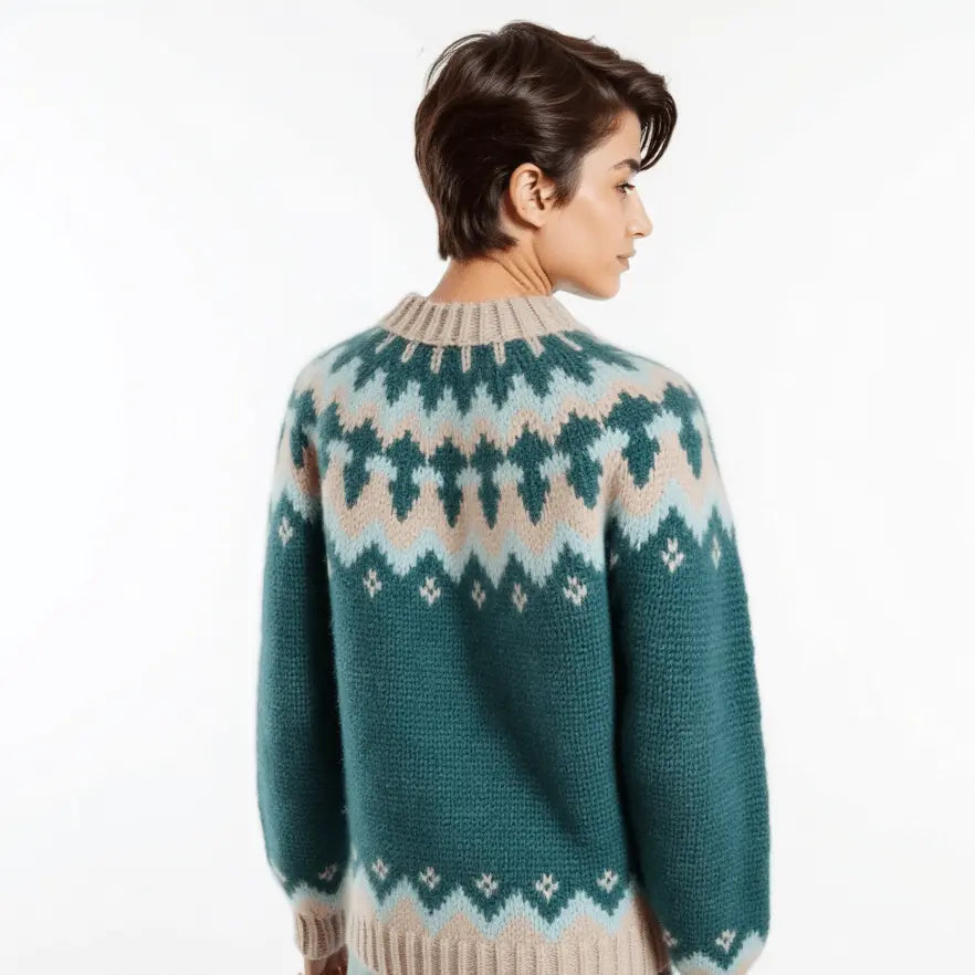 White Chunky Oversized Unisex Scandinavian Lopapeysa Sweater Fair Isle Hand Knitted with a Brown Nordic Patterned Yoke - EdelWear