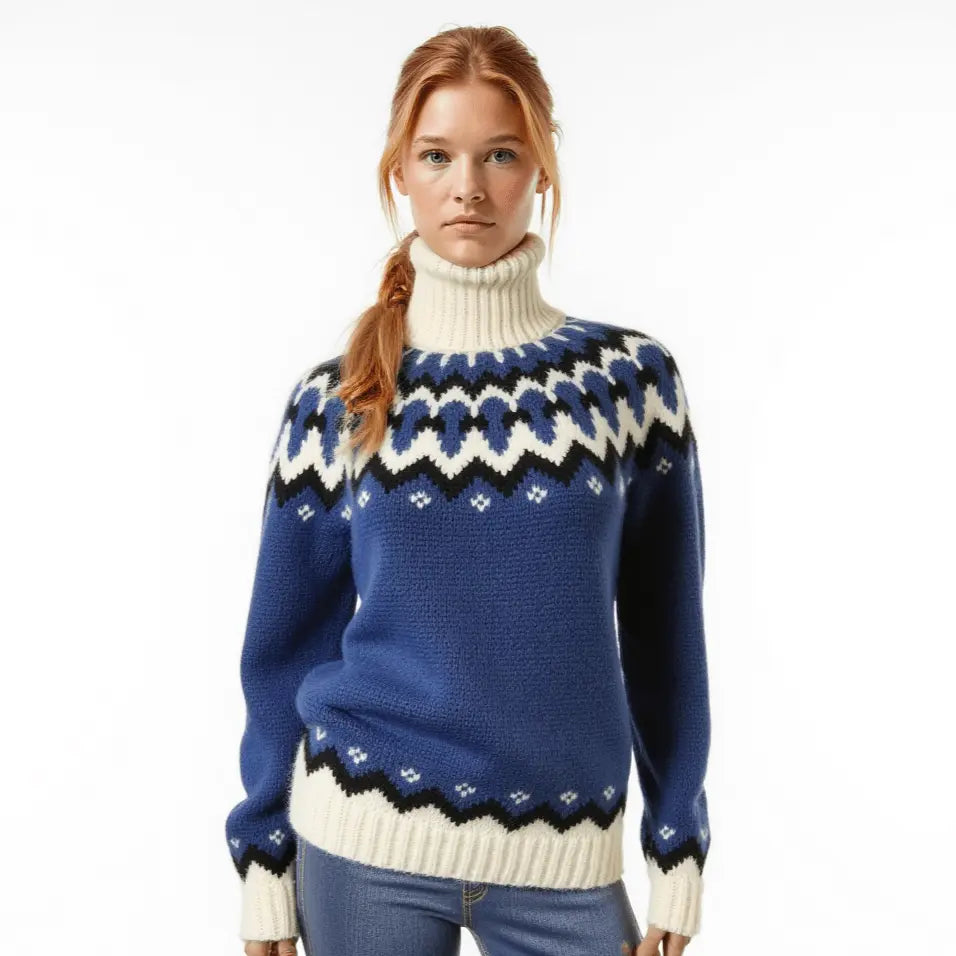 White Chunky Oversized Unisex Scandinavian Lopapeysa Sweater Fair Isle Hand Knitted with a Brown Nordic Patterned Yoke - EdelWear
