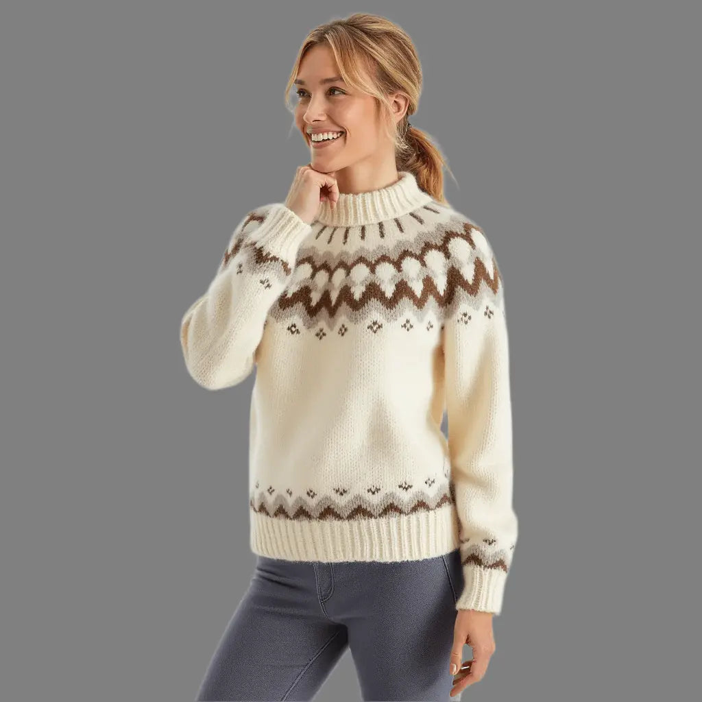 White Chunky Oversized Unisex Scandinavian Lopapeysa Sweater Fair Isle Hand Knitted with a Brown Nordic Patterned Yoke - EdelWear