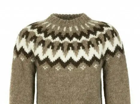 White Chunky Oversized Unisex Scandinavian Lopapeysa Sweater Fair Isle Hand Knitted with a Brown Nordic Patterned Yoke - EdelWear