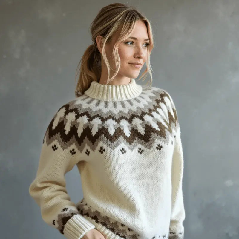 White Chunky Oversized Unisex Scandinavian Lopapeysa Sweater Fair Isle Hand Knitted with a Brown Nordic Patterned Yoke - EdelWear