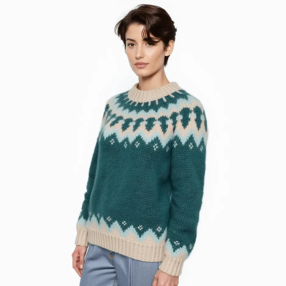 White Chunky Oversized Unisex Scandinavian Lopapeysa Sweater Fair Isle Hand Knitted with a Brown Nordic Patterned Yoke - EdelWear