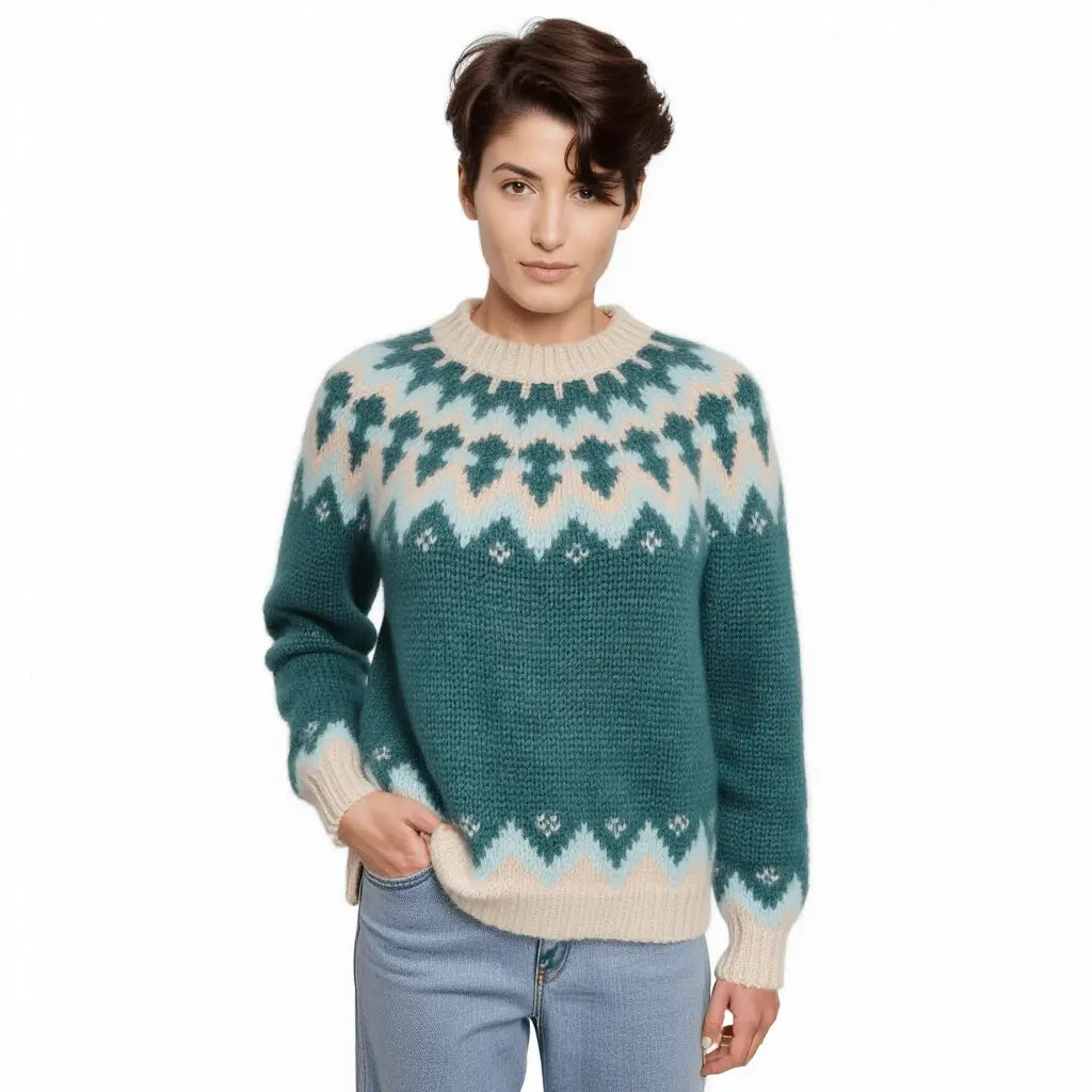 White Chunky Oversized Unisex Scandinavian Lopapeysa Sweater Fair Isle Hand Knitted with a Brown Nordic Patterned Yoke - EdelWear
