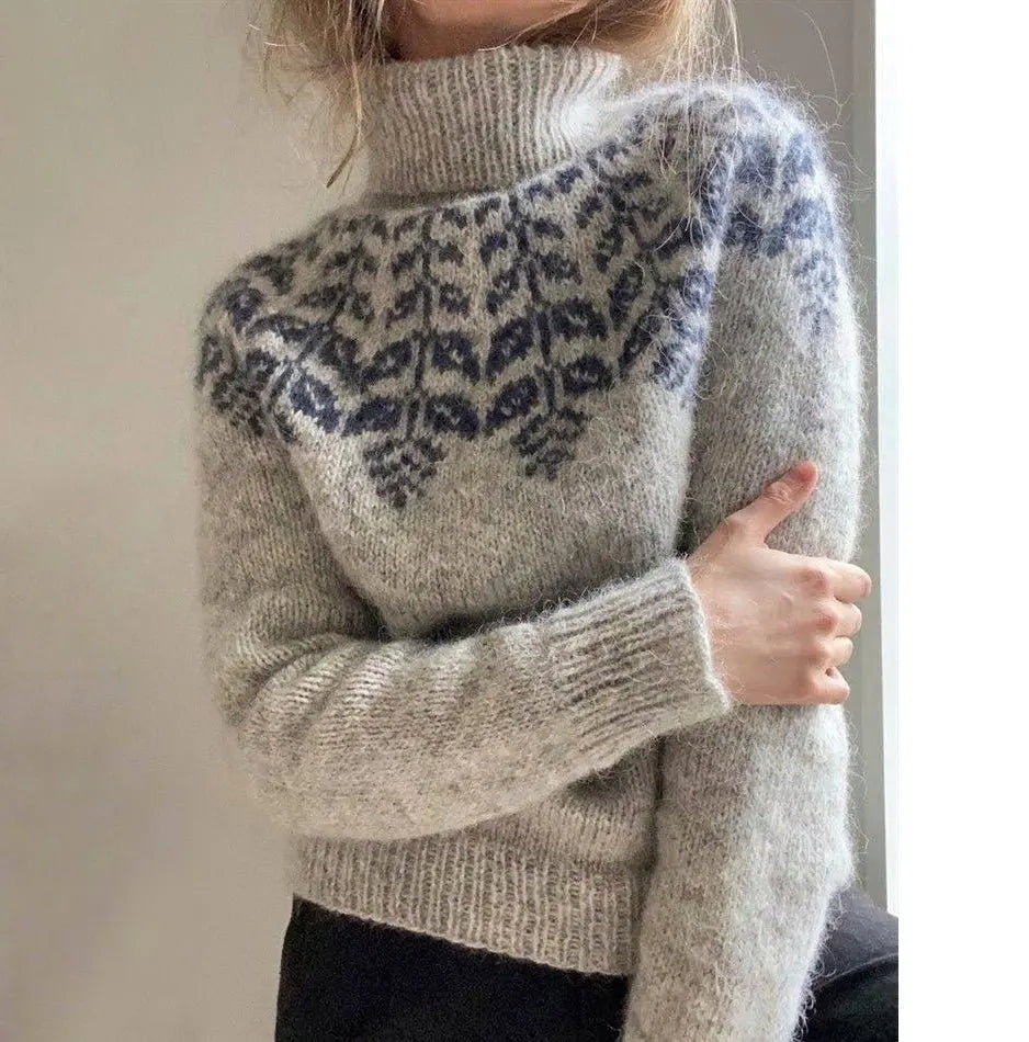 Womens Beige Gray Scandinavian Sweater Fair Isle Lopapeysa Turtleneck with Blue round Yoke - EdelWear