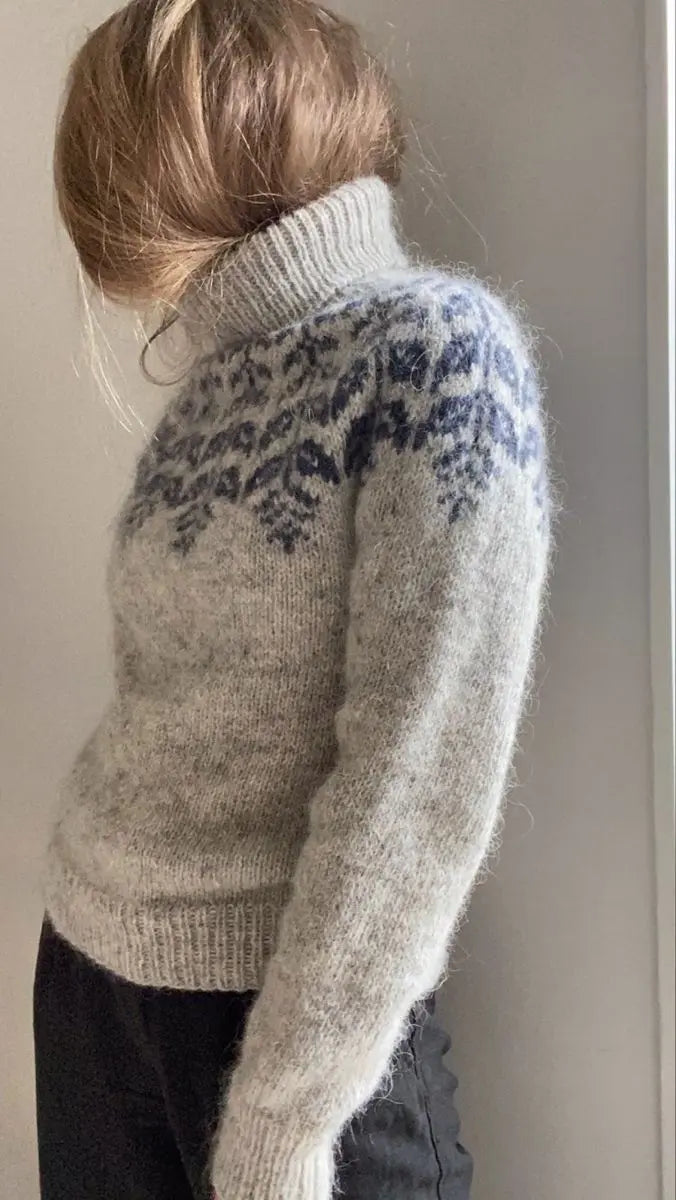 Womens Beige Gray Scandinavian Sweater Fair Isle Lopapeysa Turtleneck with Blue round Yoke - EdelWear