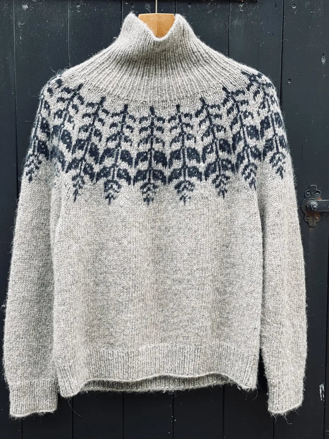 Womens Beige Gray Scandinavian Sweater Fair Isle Lopapeysa Turtleneck with Blue round Yoke - EdelWear