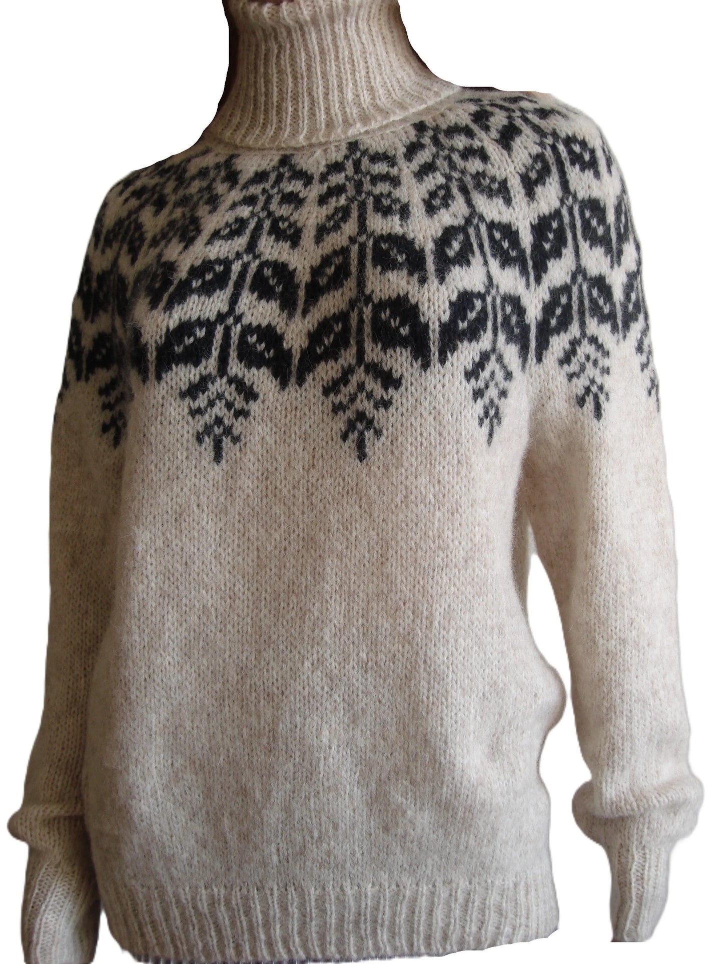 Womens Beige Gray Scandinavian Sweater Fair Isle Lopapeysa Turtleneck with Blue round Yoke - EdelWear