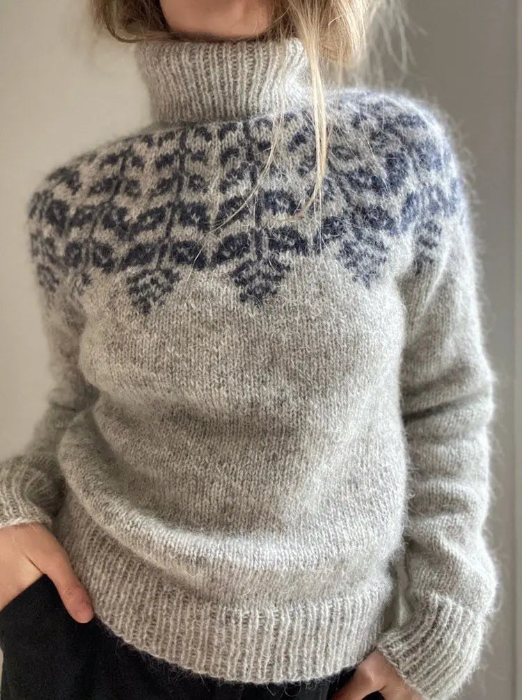 Womens Beige Gray Scandinavian Sweater Fair Isle Lopapeysa Turtleneck with Blue round Yoke - EdelWear