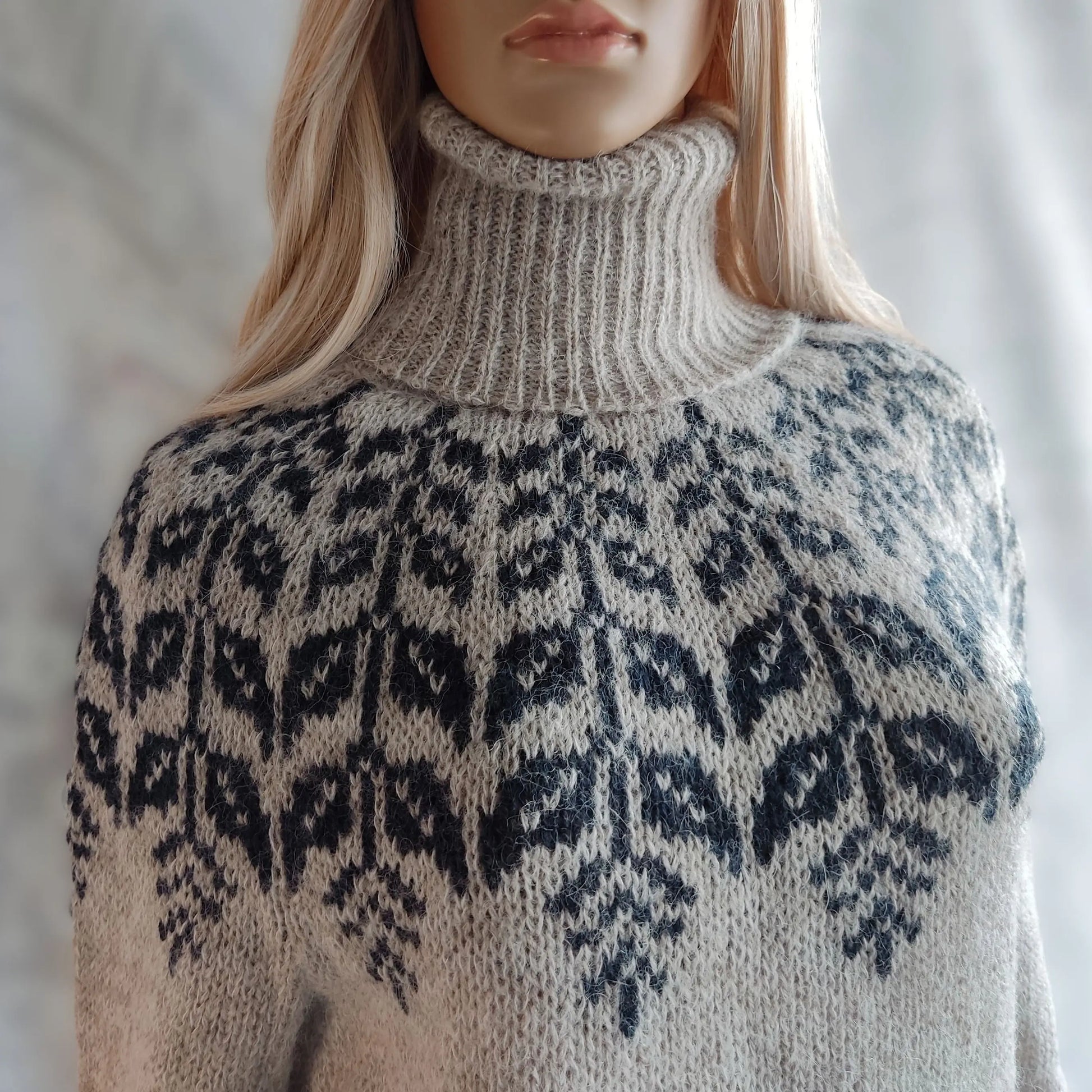 Womens Beige Gray Scandinavian Sweater Fair Isle Lopapeysa Turtleneck with Blue round Yoke - EdelWear