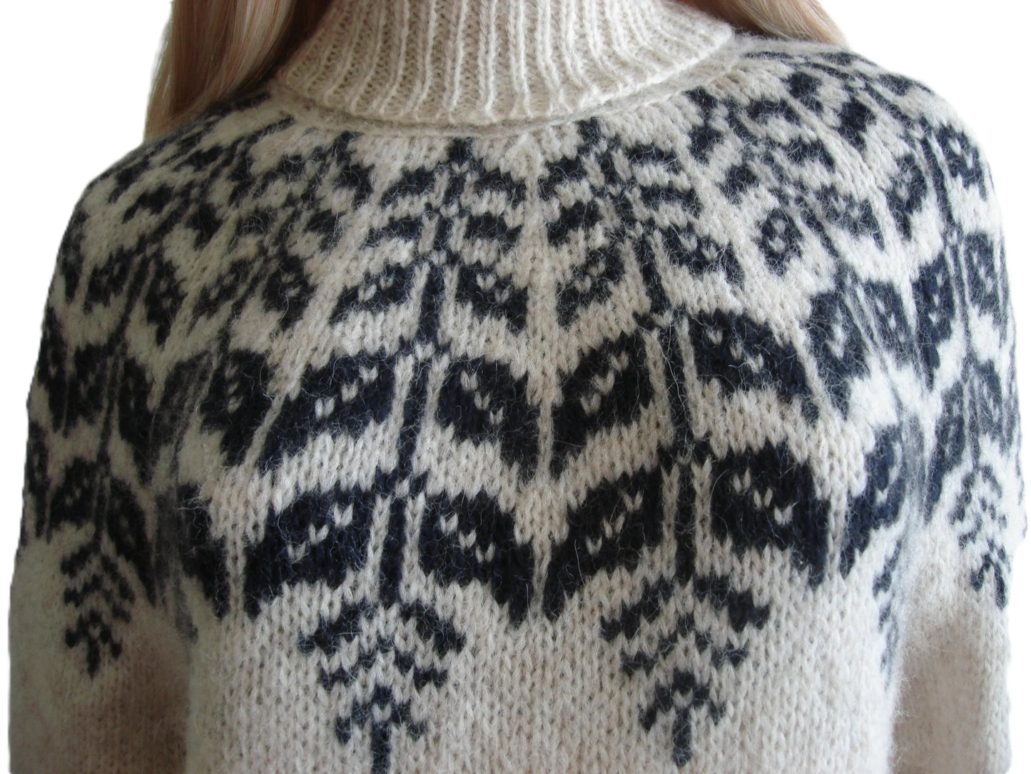 Womens Beige Gray Scandinavian Sweater Fair Isle Lopapeysa Turtleneck with Blue round Yoke - EdelWear
