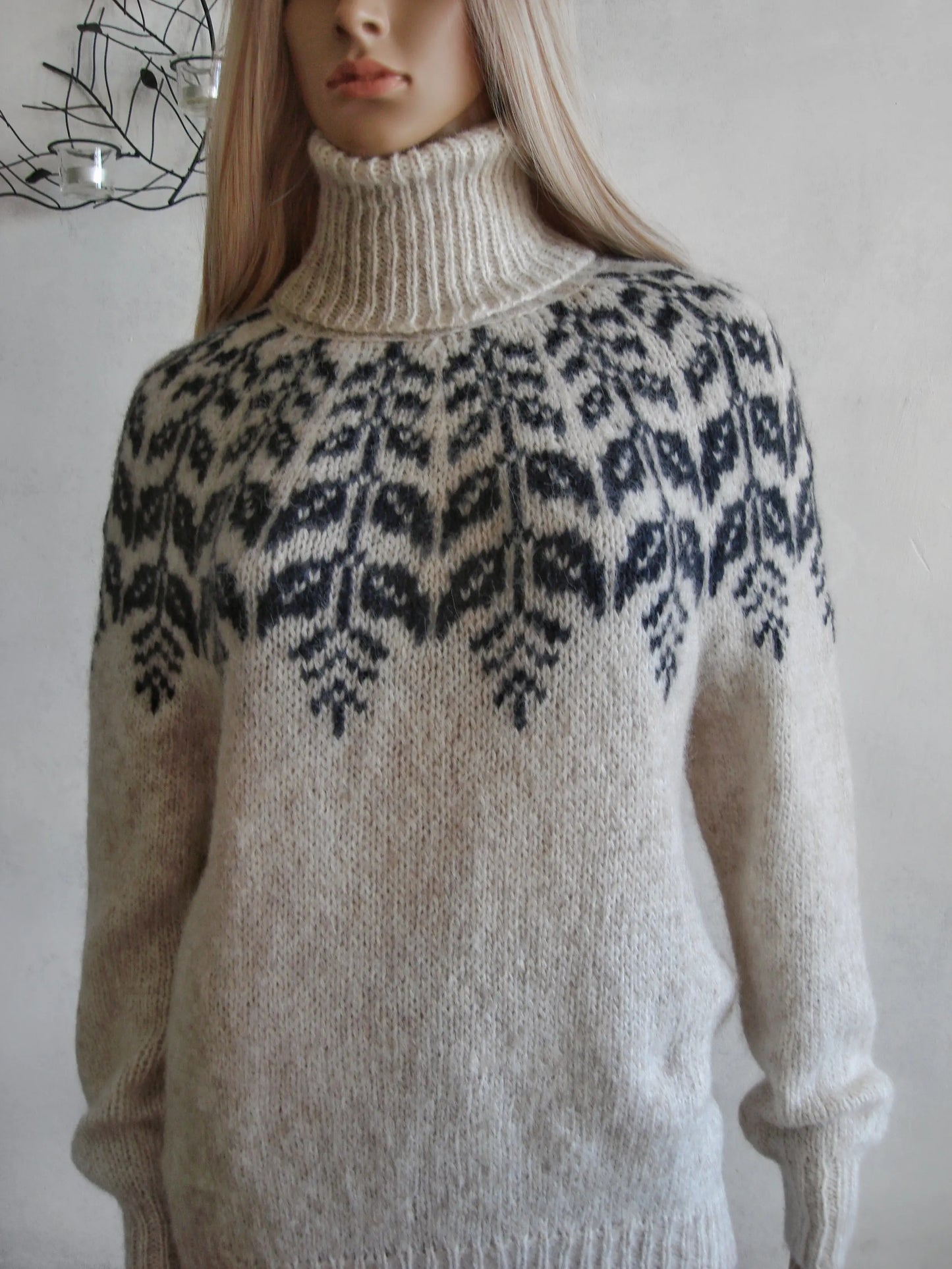 Womens Beige Gray Scandinavian Sweater Fair Isle Lopapeysa Turtleneck with Blue round Yoke - EdelWear
