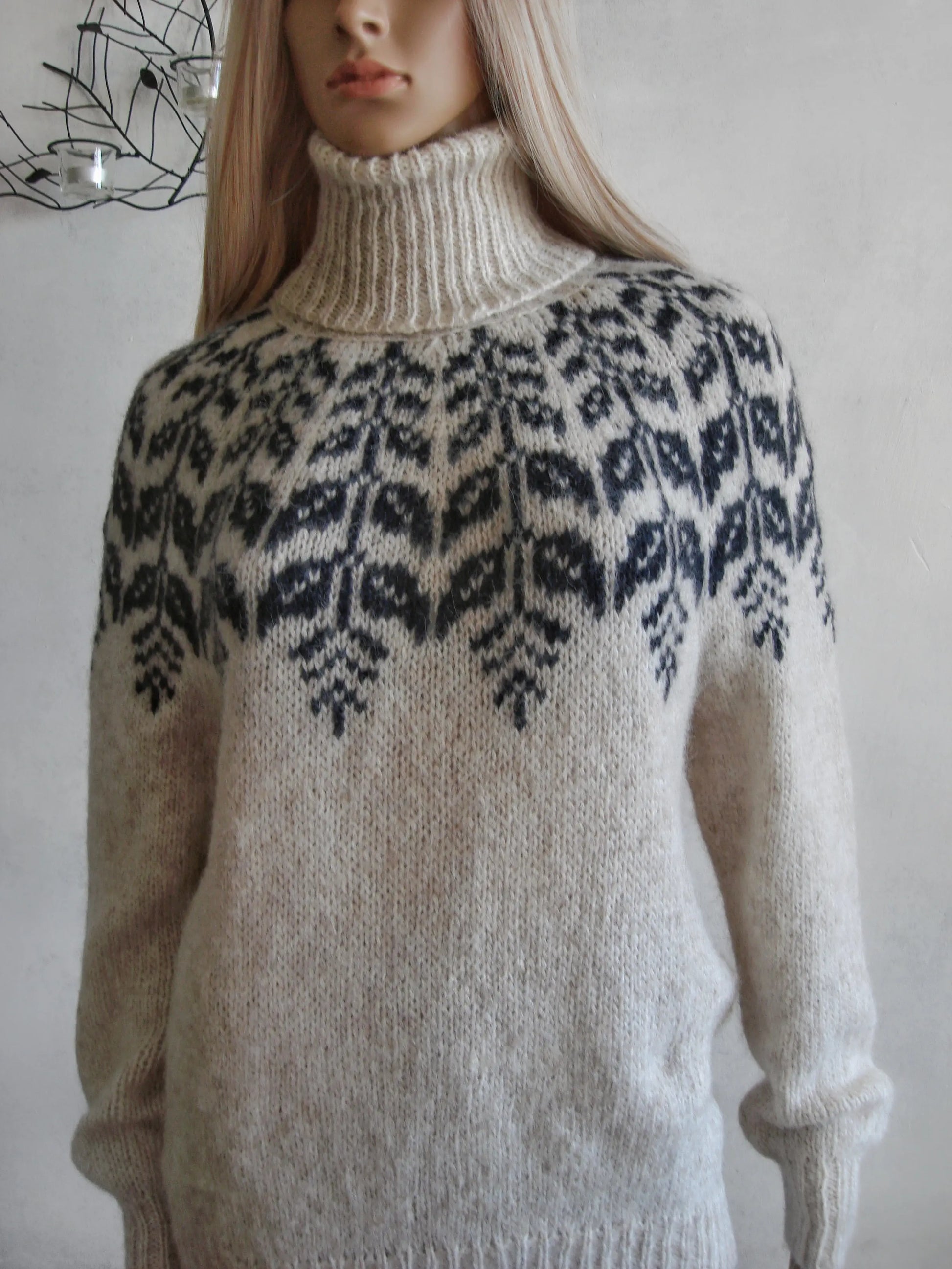 Womens Beige Gray Scandinavian Sweater Fair Isle Lopapeysa Turtleneck with Blue round Yoke - EdelWear