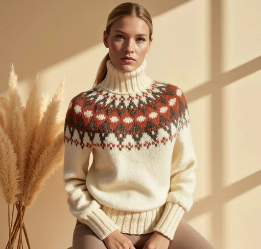 Women's Lopapeysa Fair Isle Sweater in Natural White - Hand knitted Merino, Angora, Silk Blend with Terracotta / Marengo Yoke - EdelWear