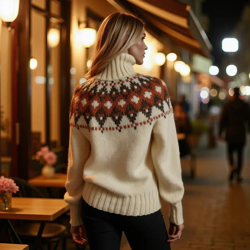 Women's Lopapeysa Fair Isle Sweater in Natural White - Hand knitted Merino, Angora, Silk Blend with Terracotta / Marengo Yoke - EdelWear