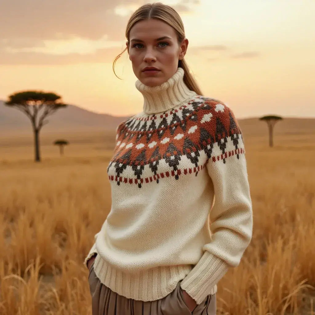 Women's Lopapeysa Fair Isle Sweater in Natural White - Hand knitted Merino, Angora, Silk Blend with Terracotta / Marengo Yoke - EdelWear
